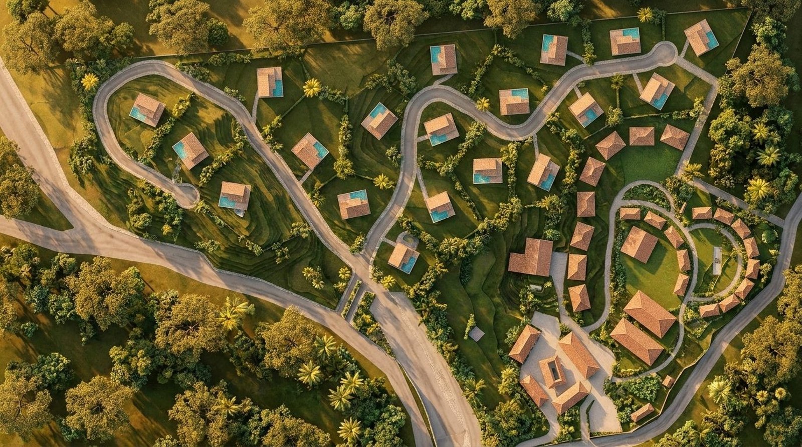 Astra — aerial 3D rendering of the completed condominium villas and clubhouse, Playa Pelada, Nosara