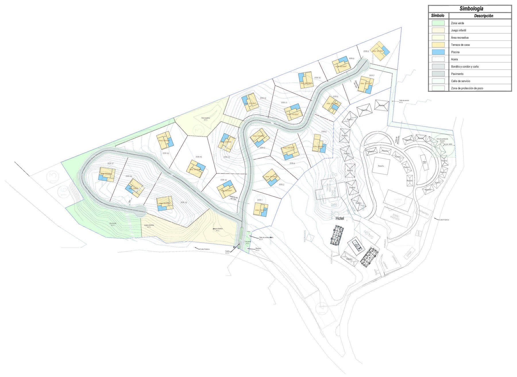 Astra — technical site plan showing 19 lots, internal roads and green zones, Playa Pelada, Nosara