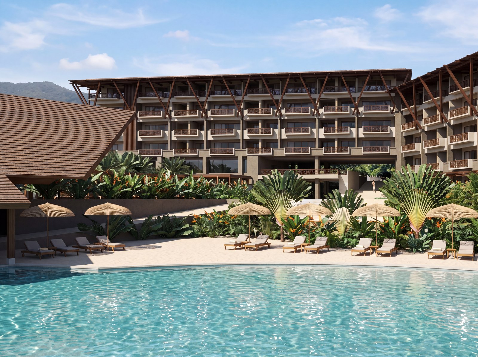 Architectural rendering of the Autograph Collection by Marriott pool with mountain backdrop at Playa Brasilito