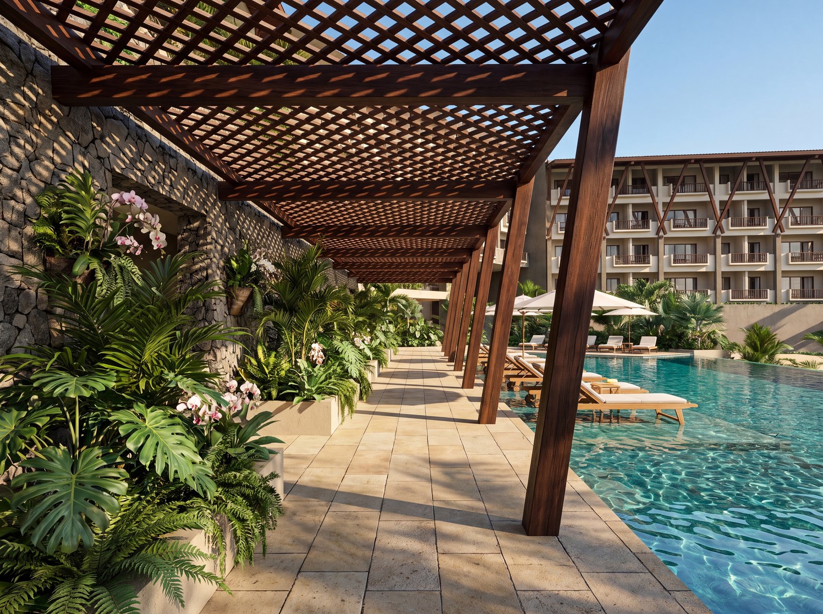 Architectural rendering of the Autograph Collection by Marriott poolside pergola walkway at Playa Brasilito