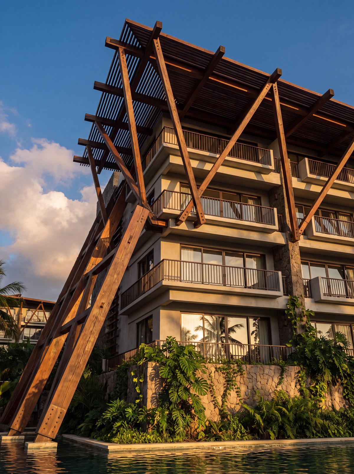 Architectural rendering detail of the Autograph Collection by Marriott wood-truss facade at Playa Brasilito