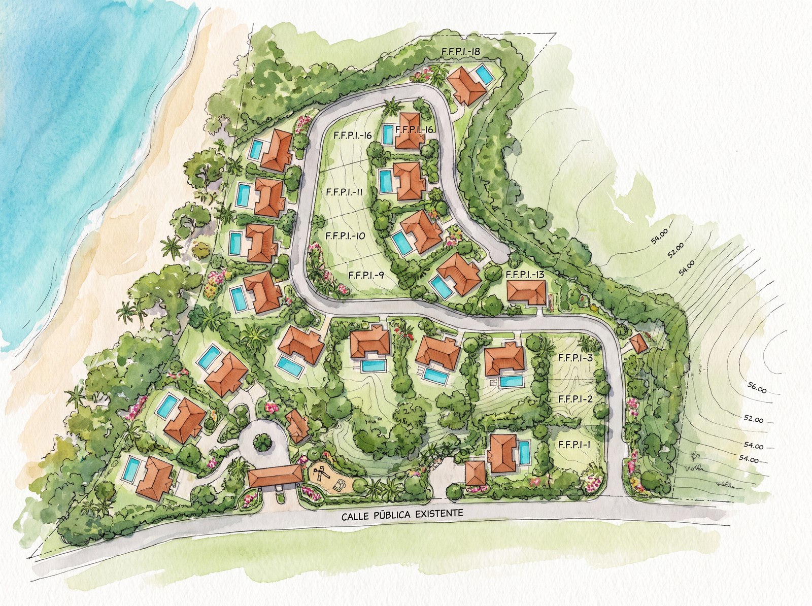Watercolor master plan of Cantomar with lot data annotated
