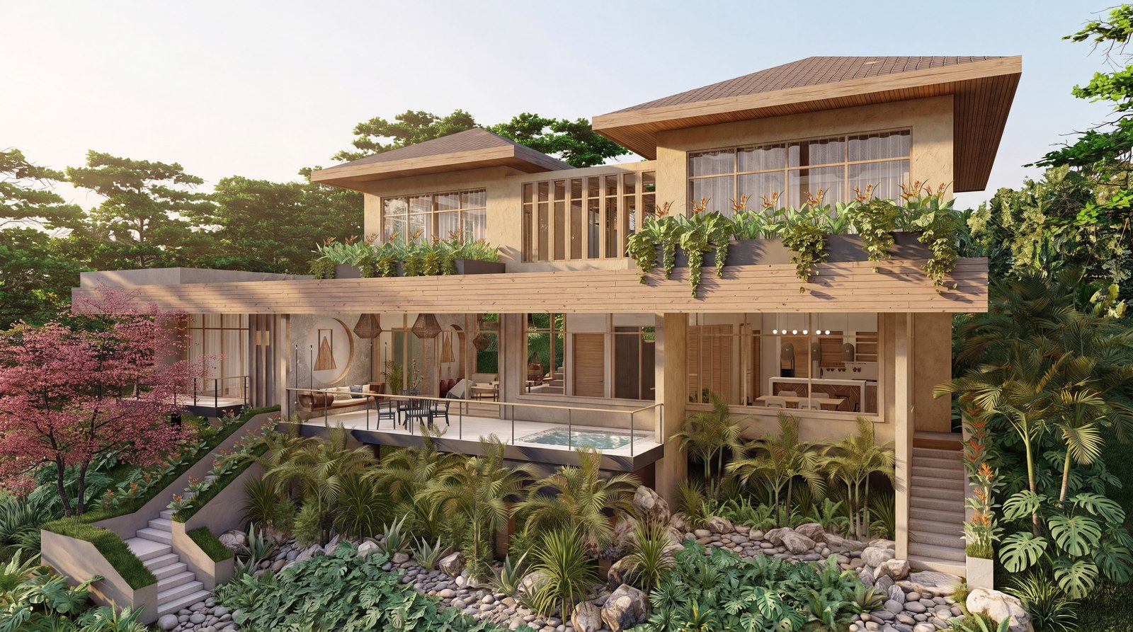Architectural rendering of Casa Blue Spirit, a balinese-inspired tropical high-end home in Blue Spirit, Nosara