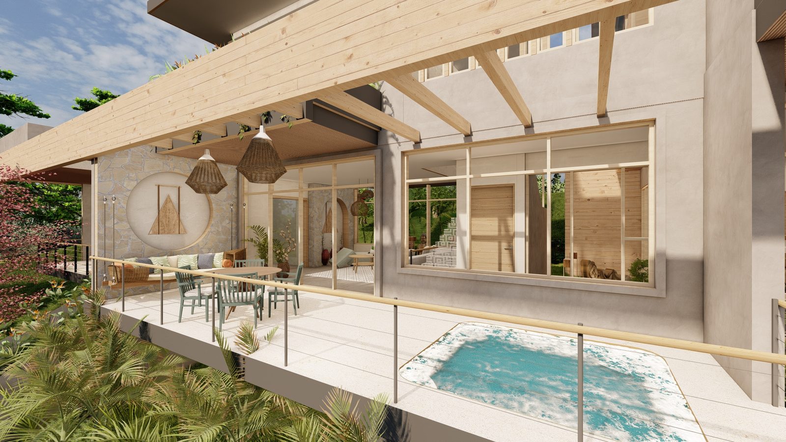 Architectural rendering of Casa Blue Spirit, a balinese-inspired tropical high-end home in Blue Spirit, Nosara