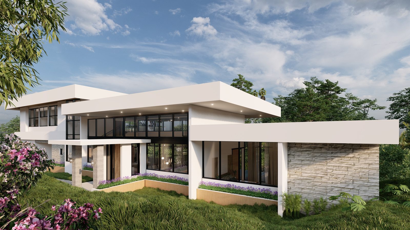 Architectural rendering of Casa Bosque Verde, a contemporary modern high-end home in Bosque Verde, Nosara
