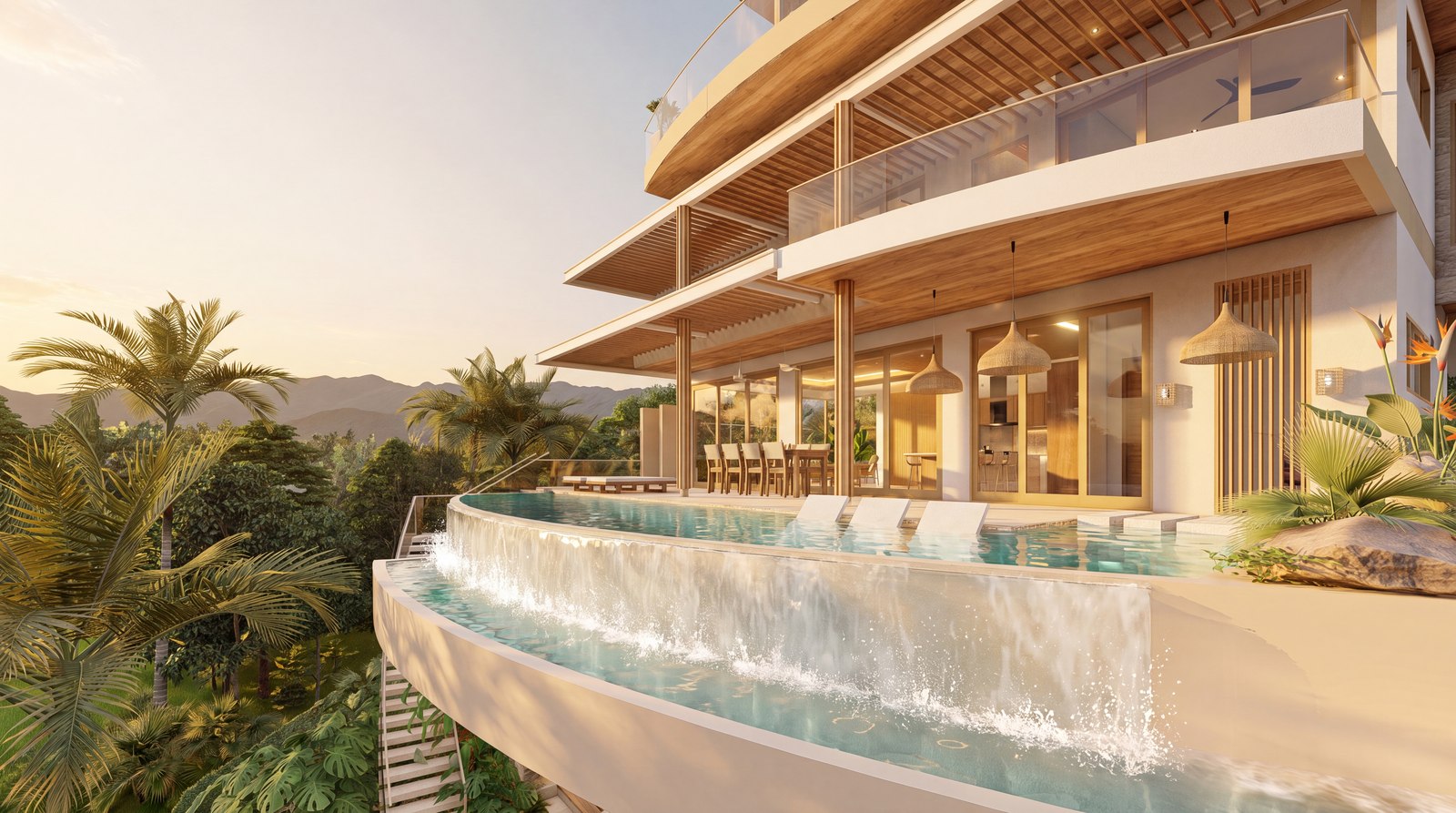 Architectural rendering of Casa Cascada, a organic modern tropical high-end home in Playa Pelada, Nosara