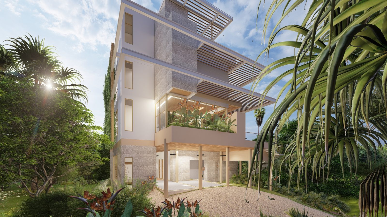 Architectural rendering of Casa Cascada, a organic modern tropical high-end home in Playa Pelada, Nosara