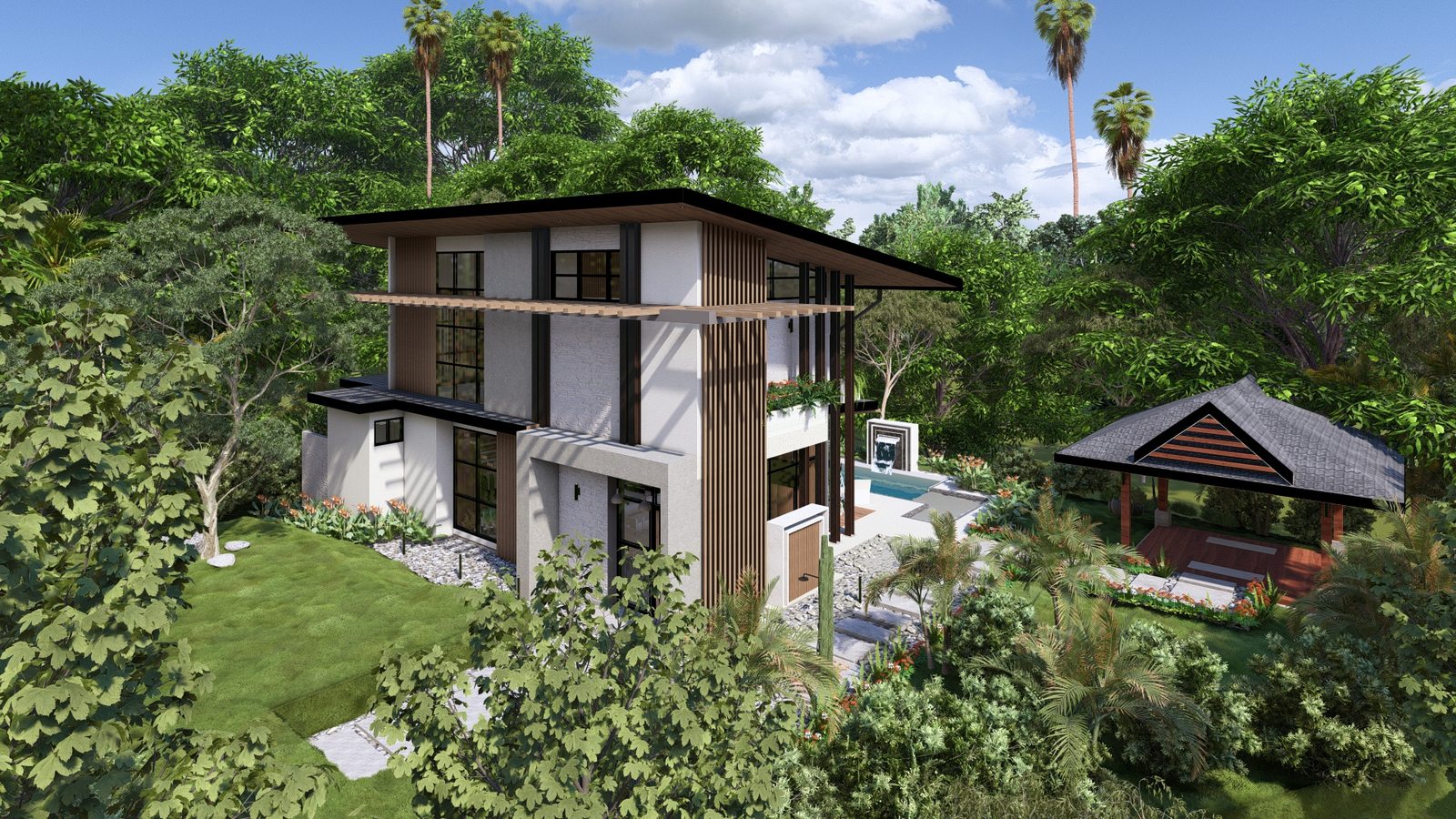 Architectural rendering of Casa Citron, a contemporary tropical home in Playa Pelada, Nosara