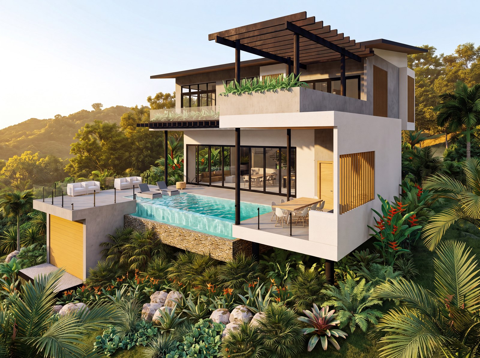 Architectural rendering of Casa Esmeralda, a contemporary tropical high-end home in Selvamar, Nosara