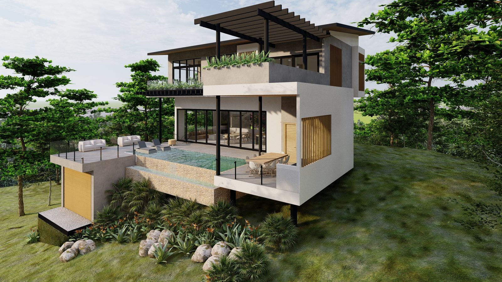Architectural rendering of Casa Esmeralda, a contemporary tropical high-end home in Selvamar, Nosara