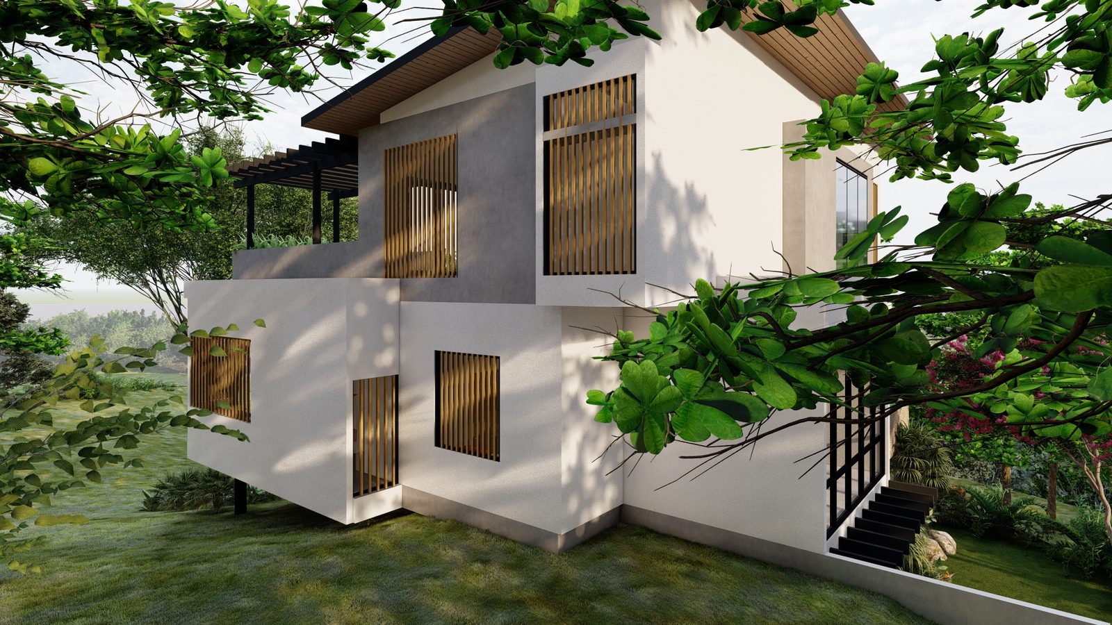 Architectural rendering of Casa Esmeralda, a contemporary tropical high-end home in Selvamar, Nosara