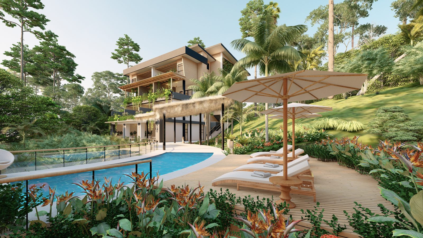 Architectural rendering of Isabelle Gardens, a contemporary tropical (bio condominium in Section L, Nosara