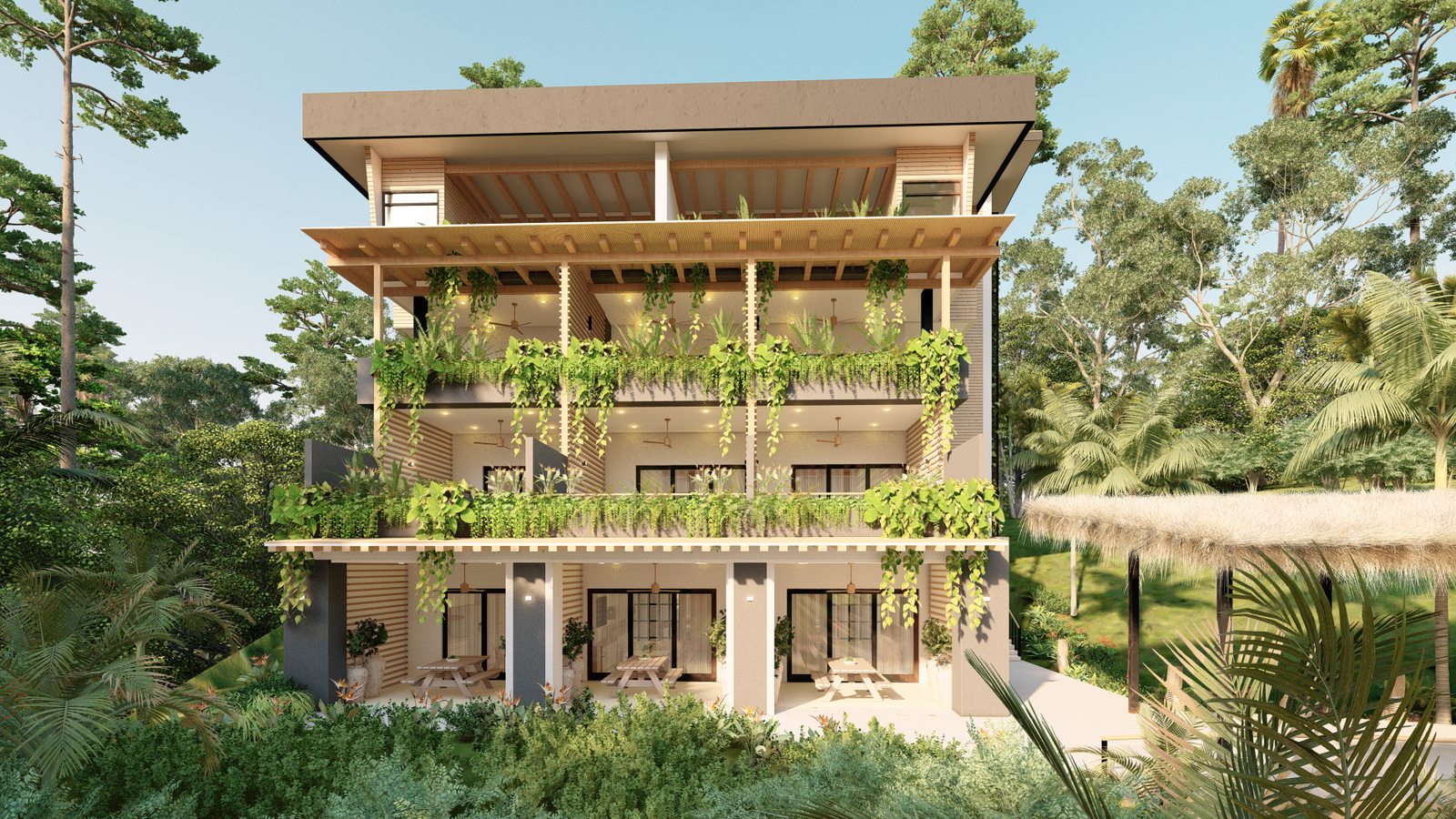 Architectural rendering of Isabelle Gardens, a contemporary tropical (bio condominium in Section L, Nosara