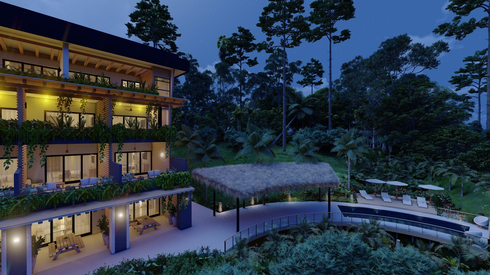 Architectural rendering of Isabelle Gardens, a contemporary tropical (bio condominium in Section L, Nosara