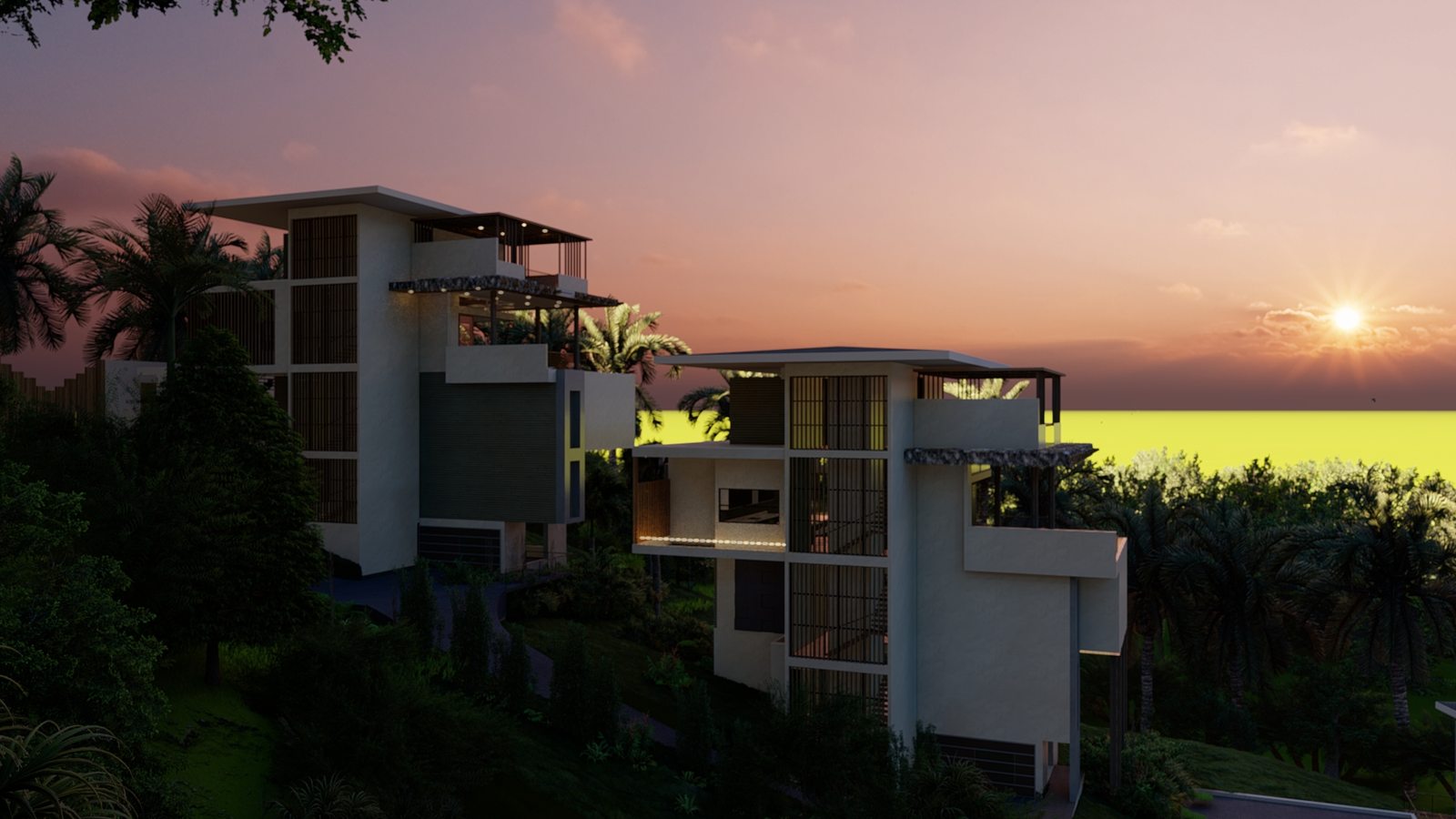 Architectural rendering of Las Huacas Estate, a contemporary tropical condominium in Las Huacas, Nosara