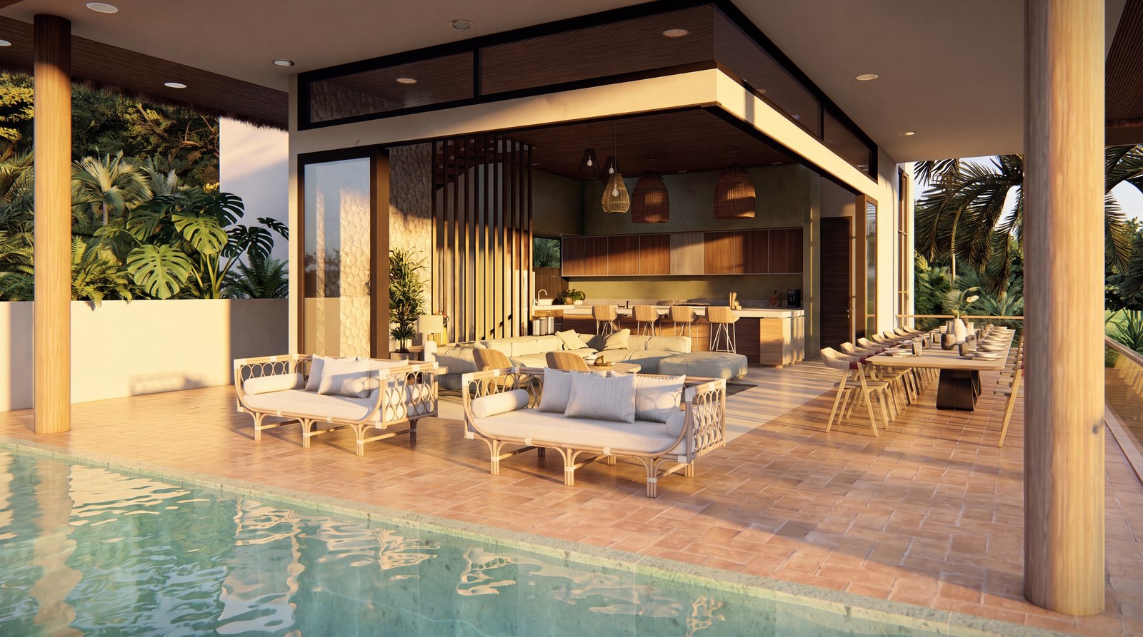 Las Huacas Estate — poolside living pavilion at golden hour, Nosara