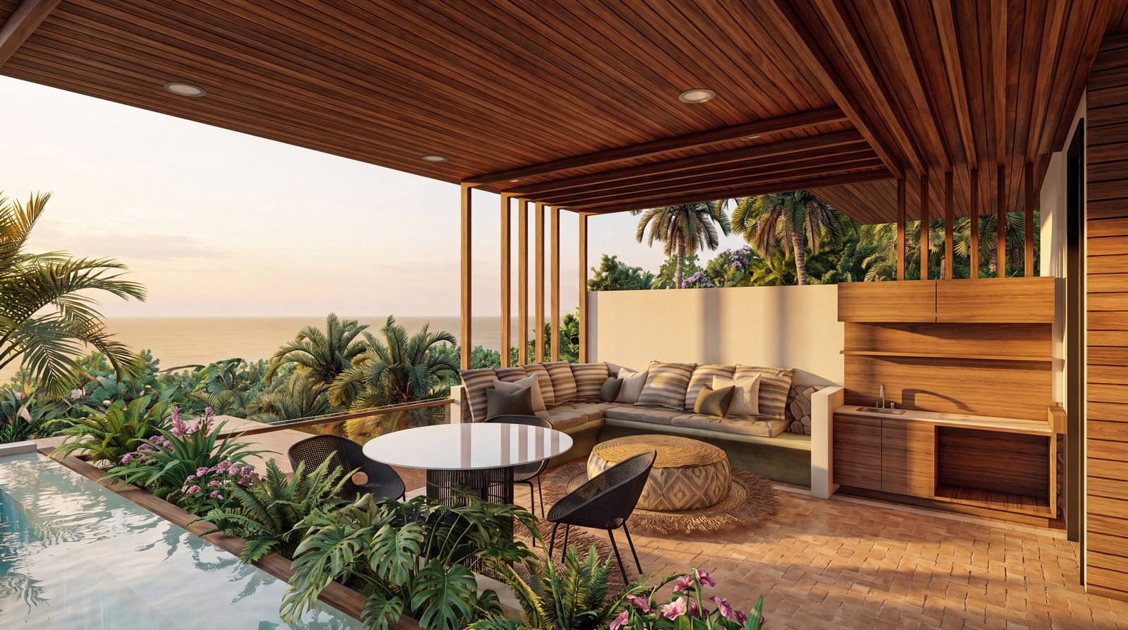 Las Huacas Estate — covered outdoor lounge overlooking the ocean