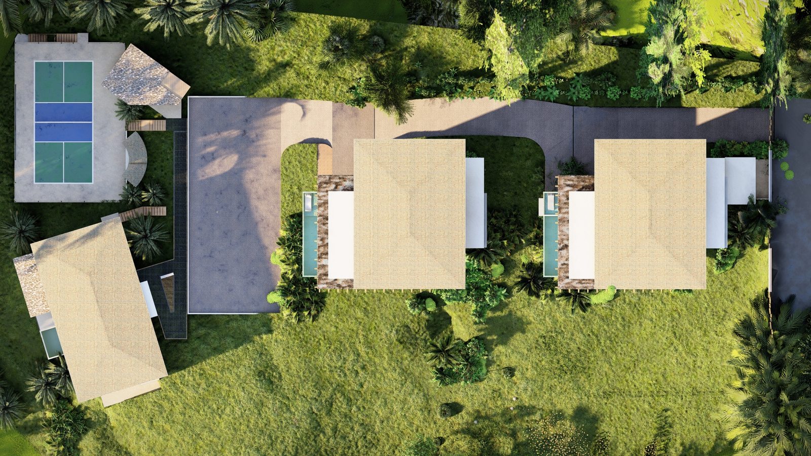 Las Huacas Estate — aerial site plan showing the estate layout and tennis court