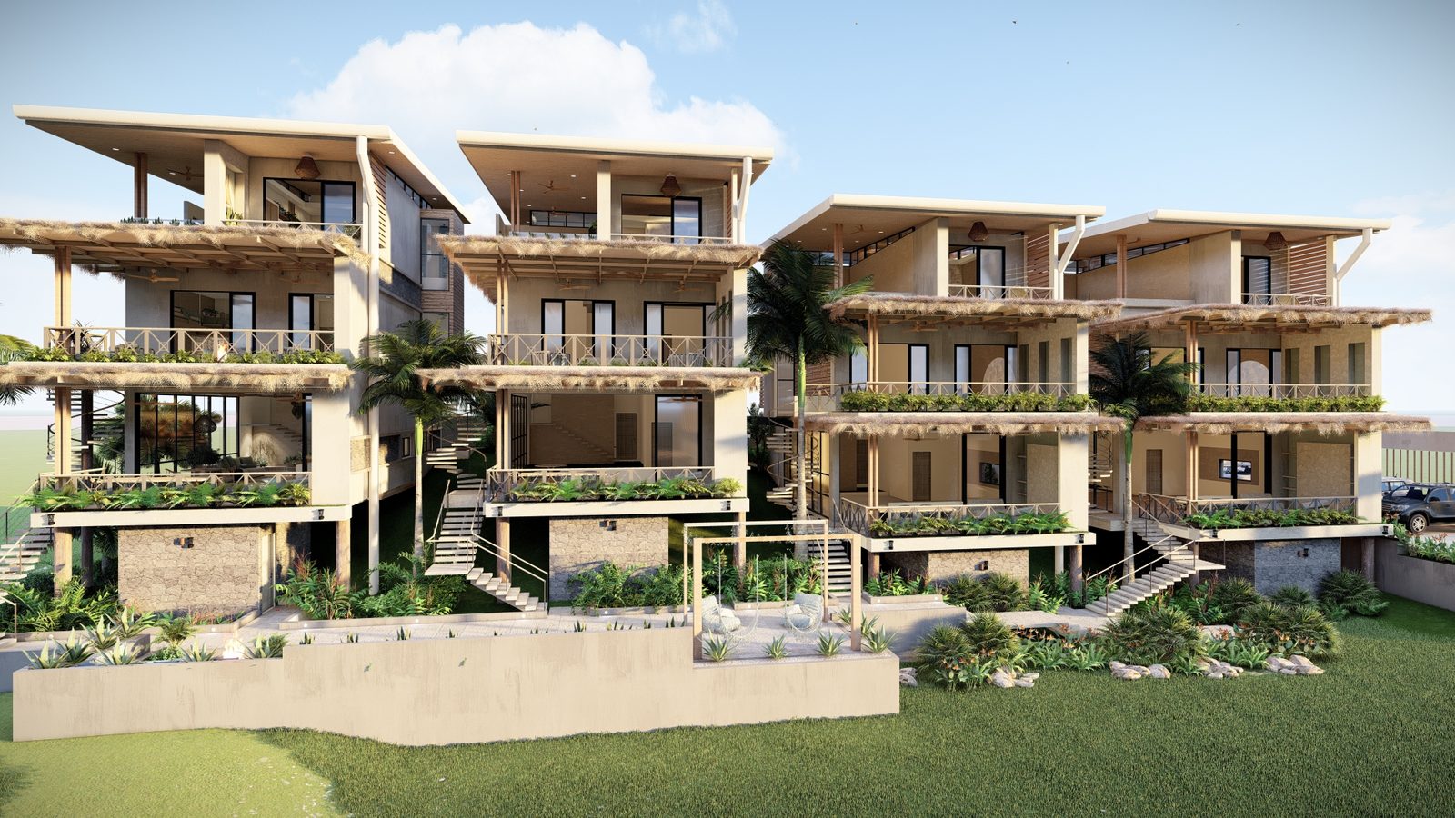 Architectural rendering of Nambu Villas, a contemporary tropical condominium in Playa Pelada, Nosara