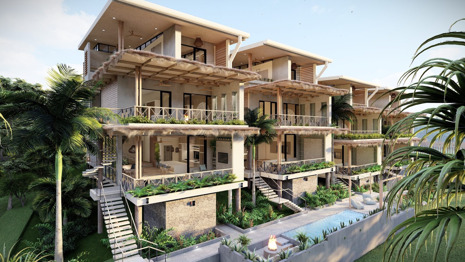 Architectural rendering of Nambu Villas, a contemporary tropical condominium in Playa Pelada, Nosara