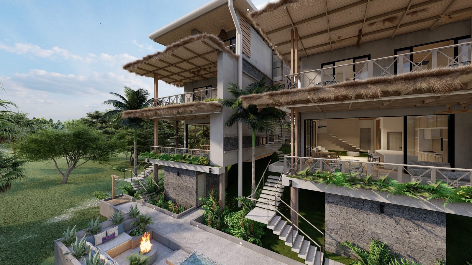 Architectural rendering of Nambu Villas, a contemporary tropical condominium in Playa Pelada, Nosara