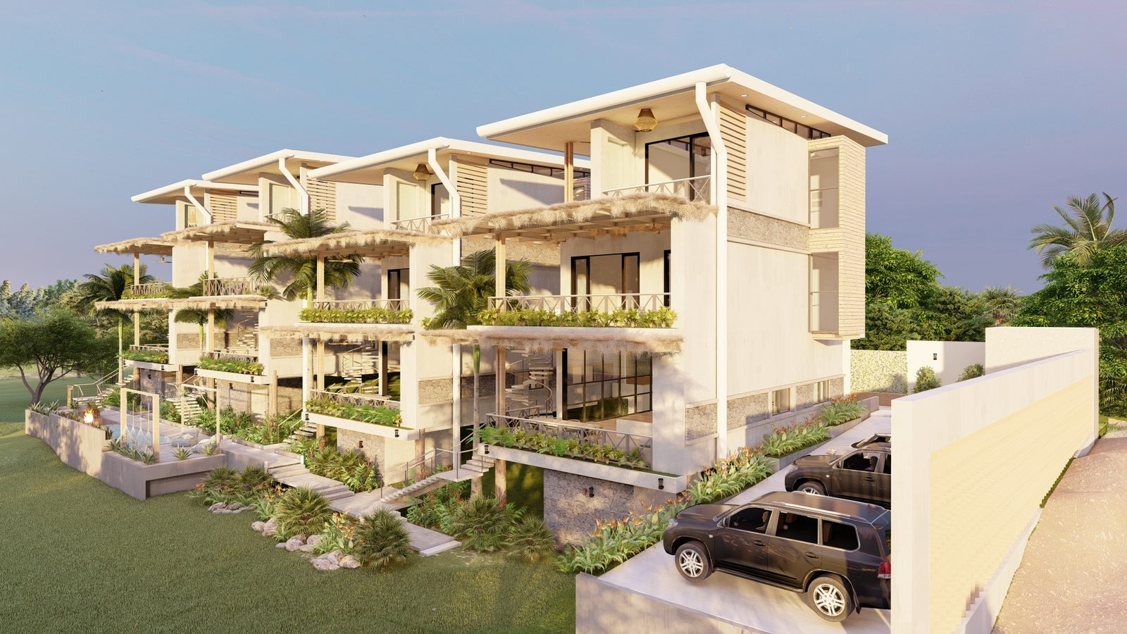 Architectural rendering of Nambu Villas, a contemporary tropical condominium in Playa Pelada, Nosara