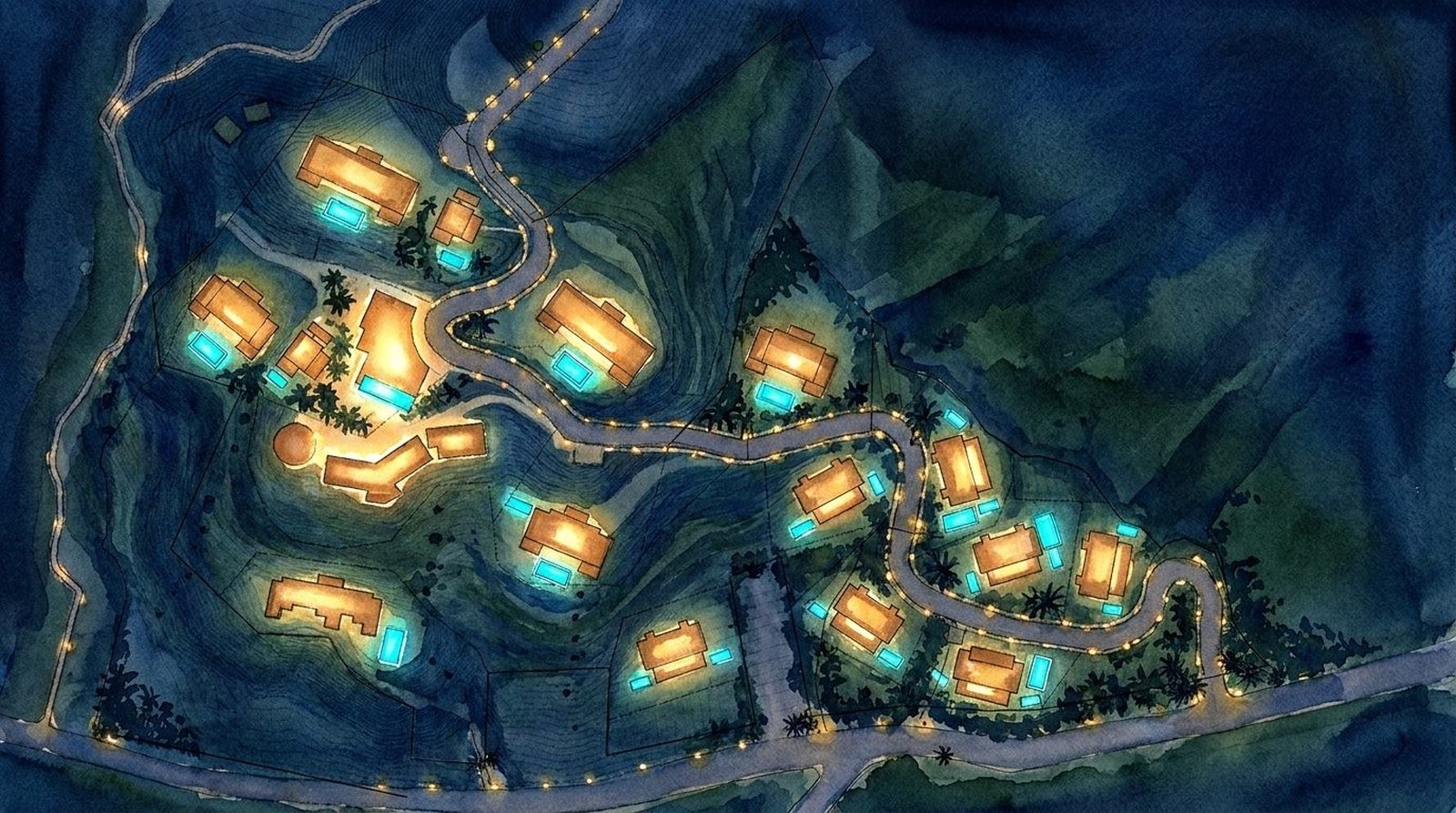 Nosara Wellness Condominium — night watercolor illustration of the villas and pathways lit at dusk