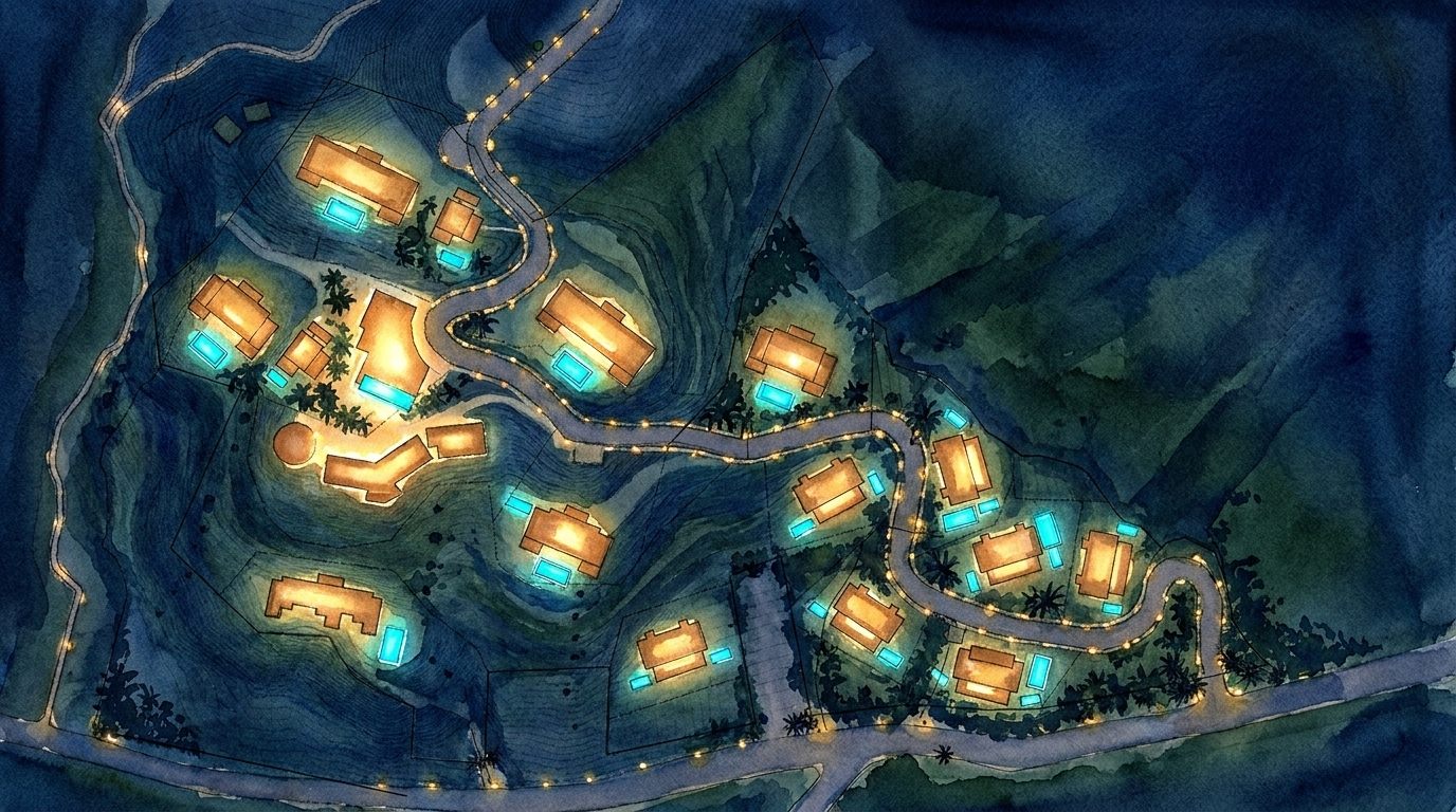 Nosara Wellness Condominium — wider night view of the illuminated villas, pools and hillside access road