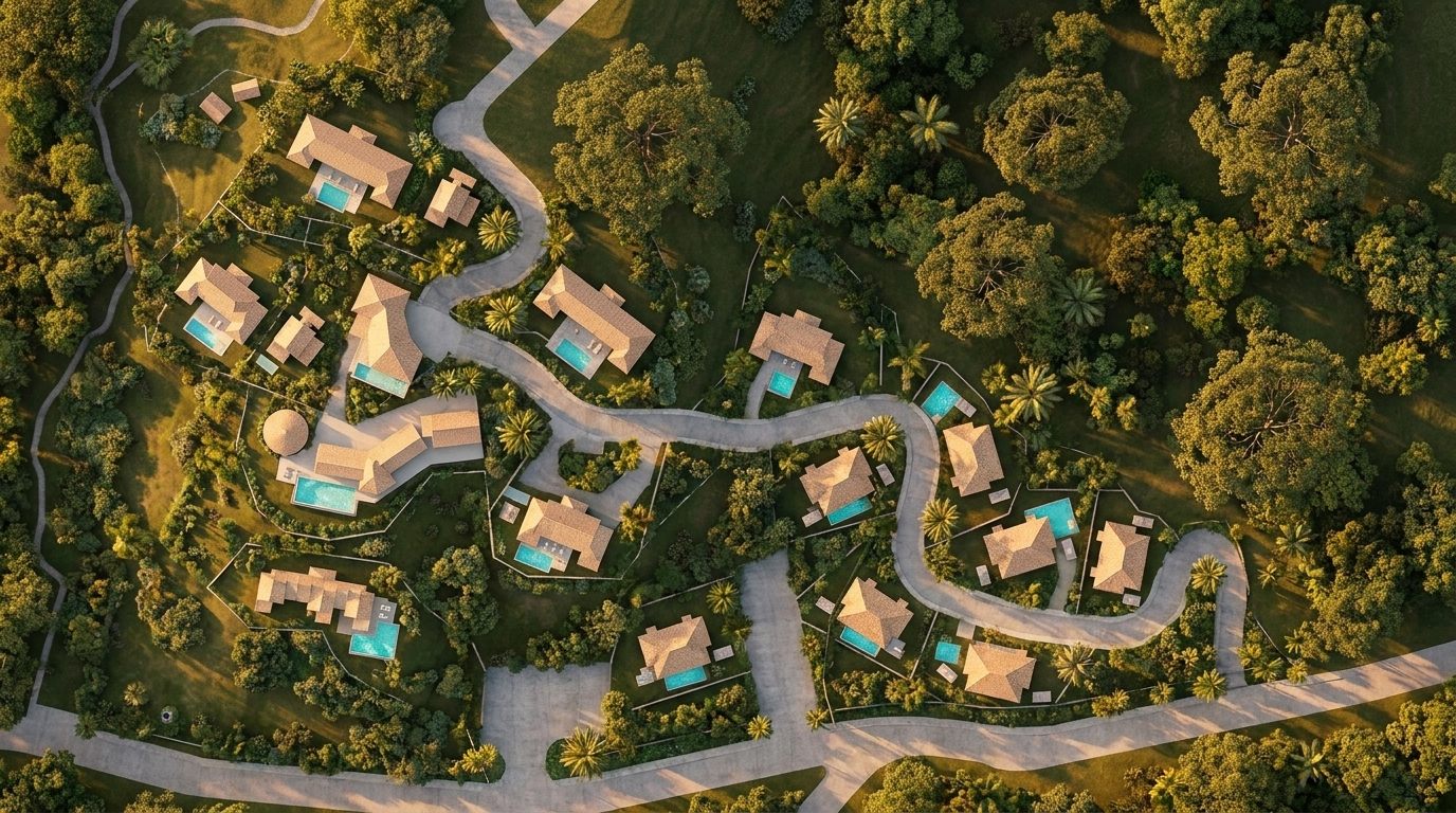 Nosara Wellness Condominium — wide aerial rendering of the villa clusters and winding road within the forest canopy