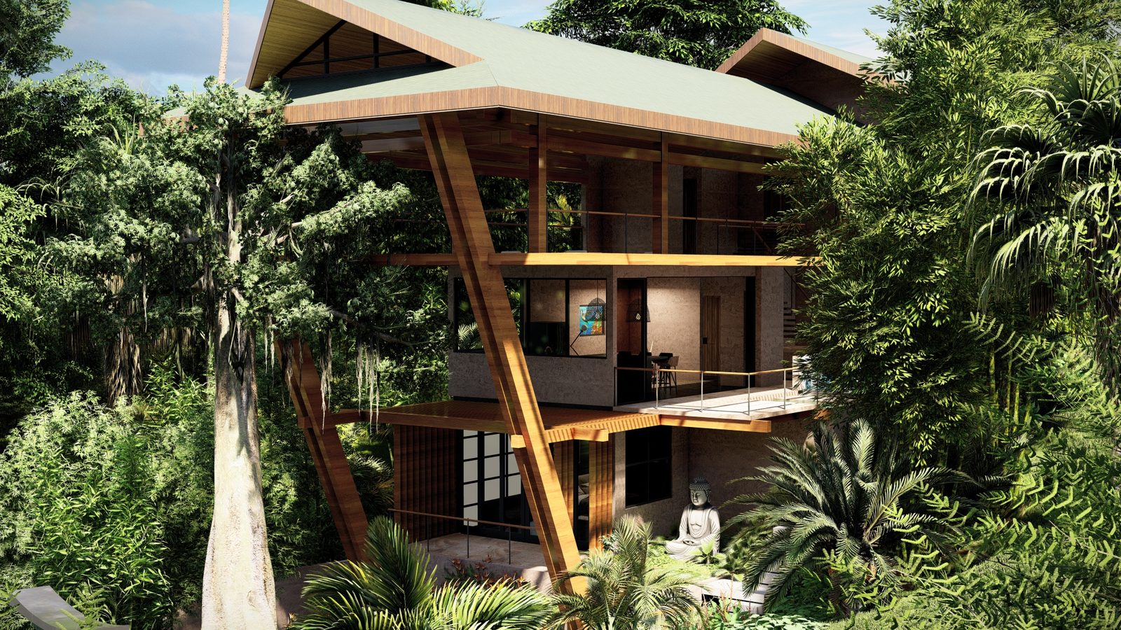 Architectural rendering of Nosara Zen Center, a balinese-inspired tropical high-end home in Section K, Nosara