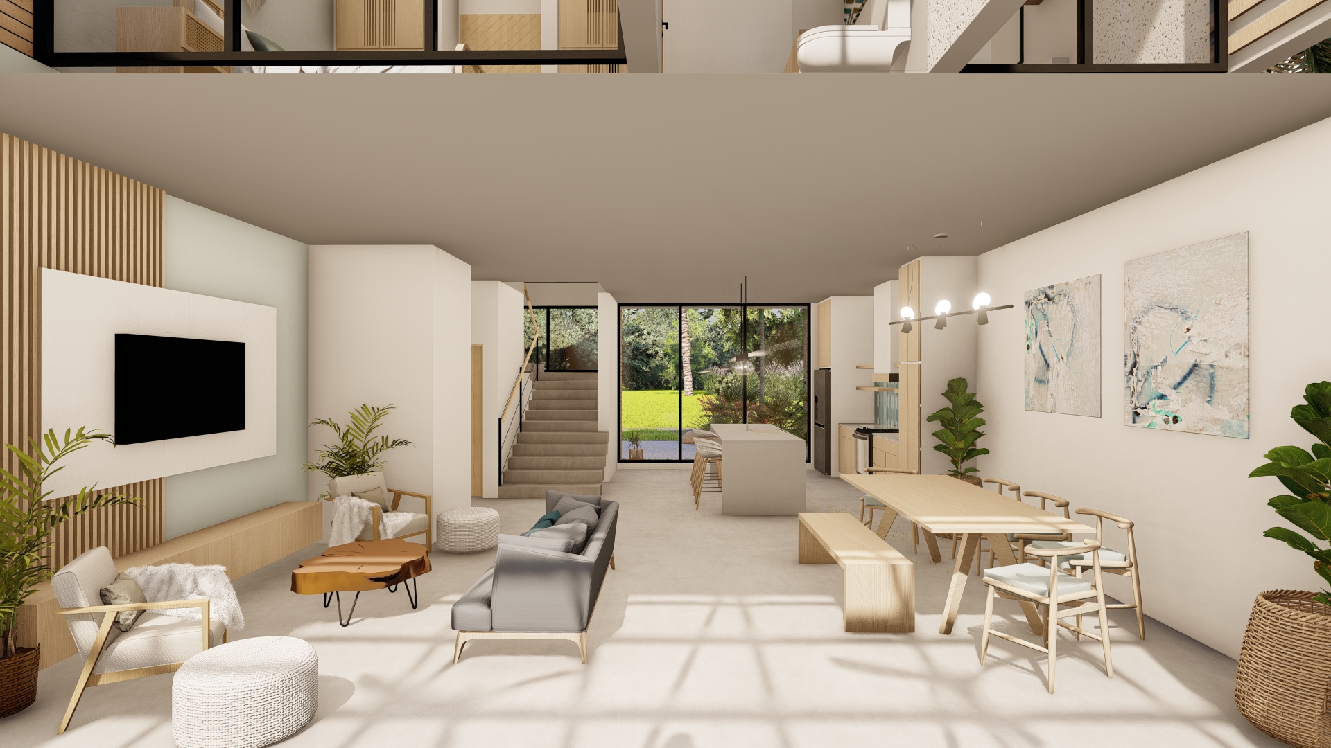 Farhia Gardens — open-plan double-height living, dining and kitchen space