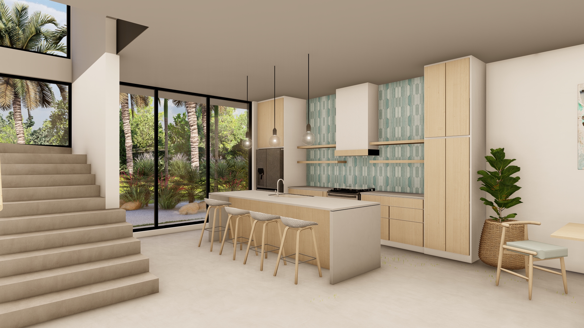 Farhia Gardens — kitchen with teal tile backsplash and garden views