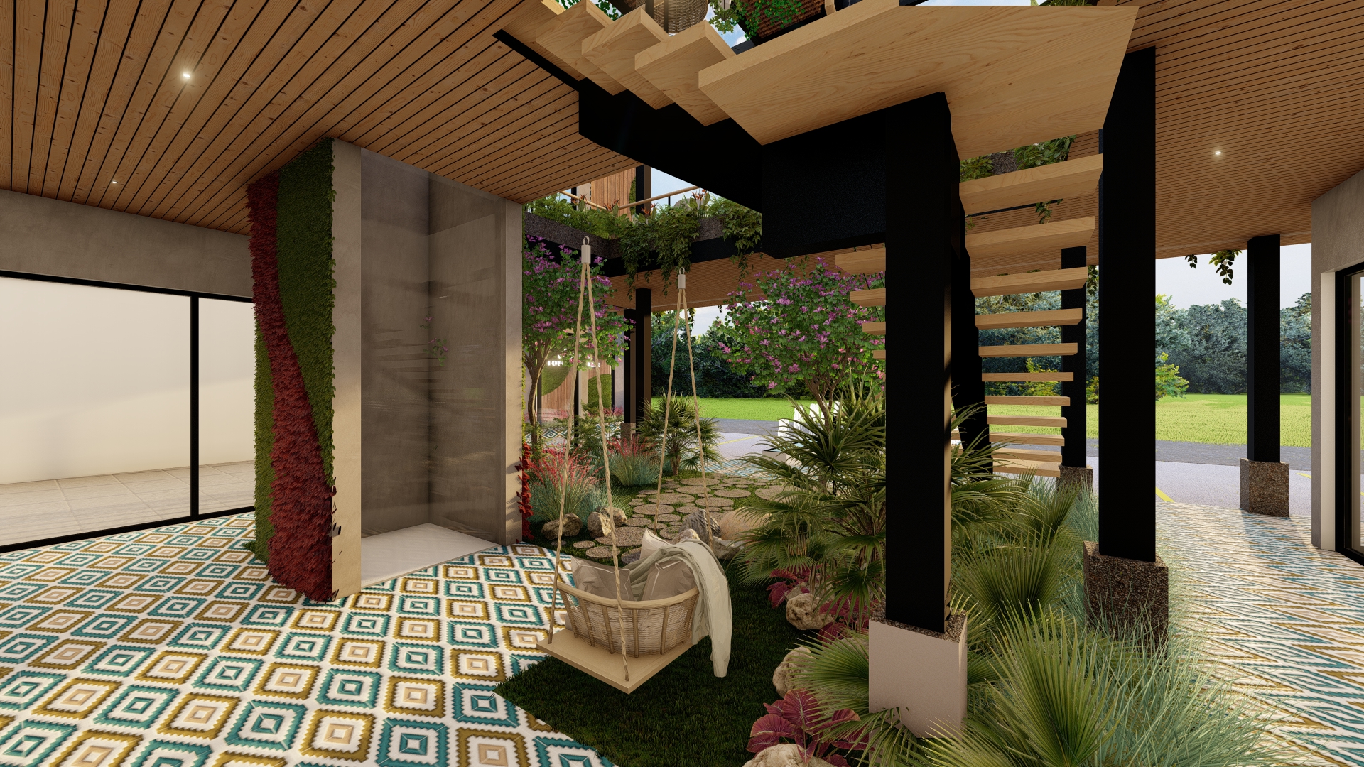 Farhia Gardens — landscaped garden breezeway with hanging swing chair and patterned tile floor