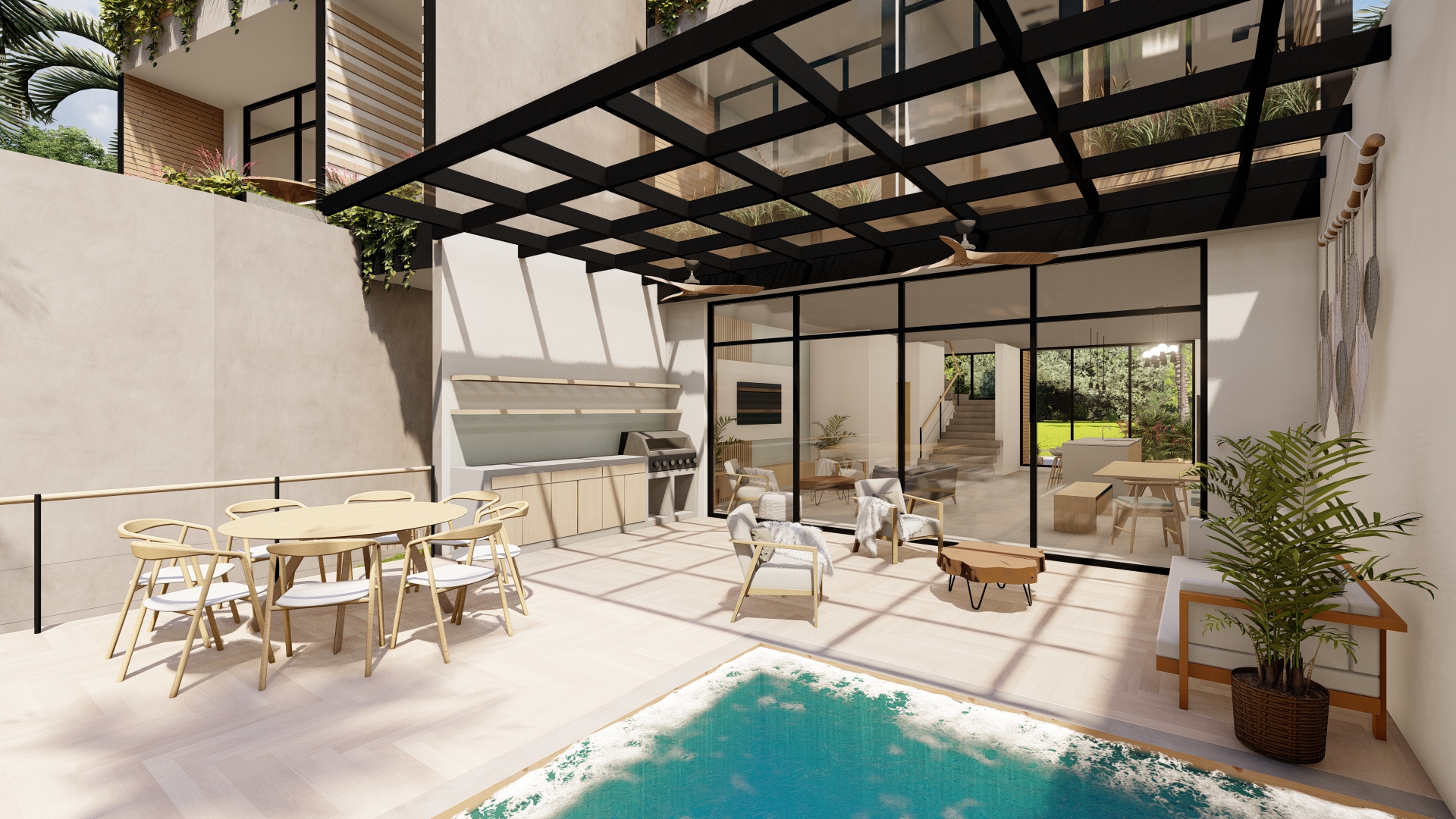 Farhia Gardens — living room with wood-slat feature wall and staircase