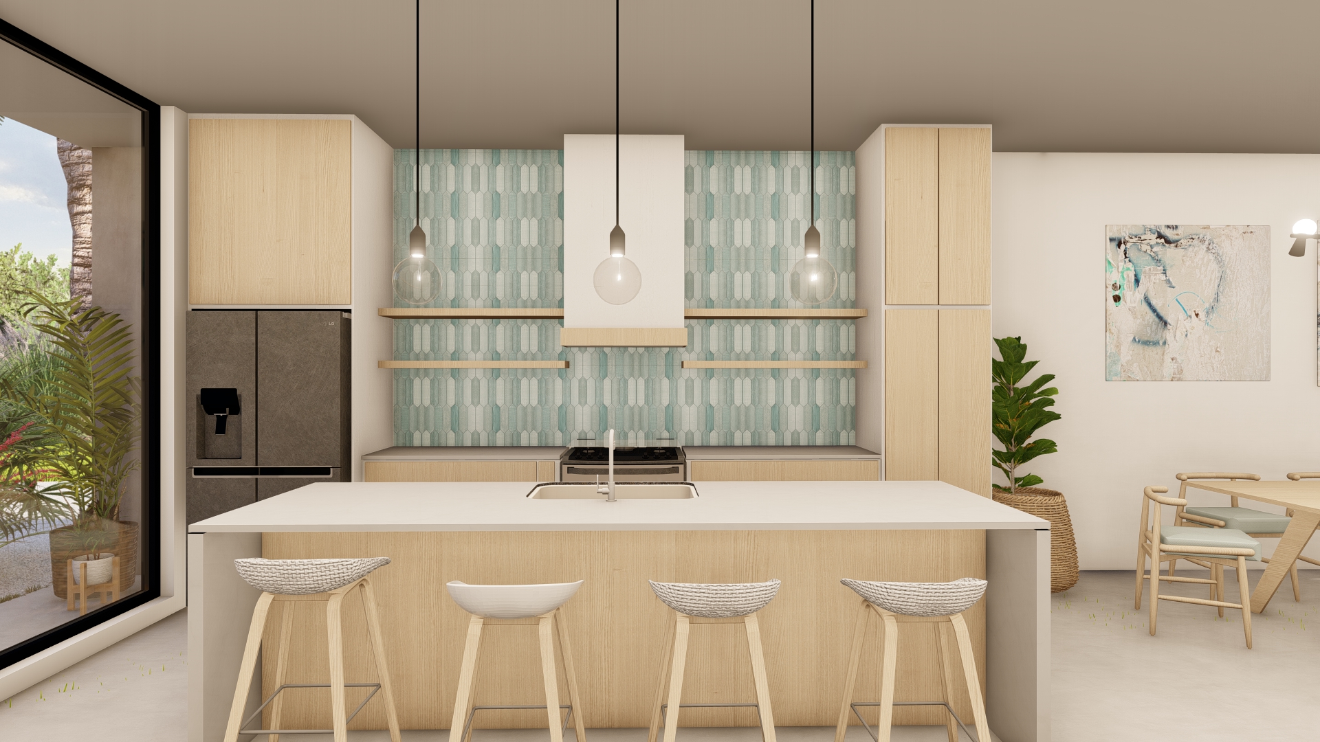 Farhia Gardens — kitchen island with pendant lighting and teal tile wall
