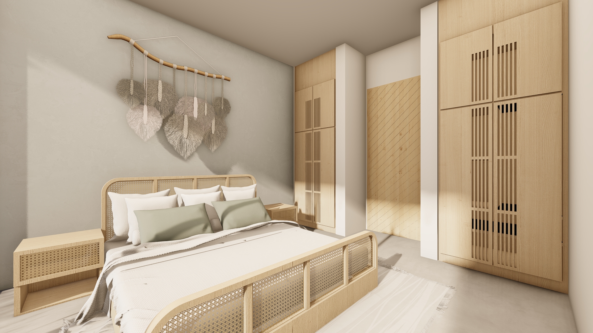 Farhia Gardens — bedroom with wood-slat headboard wall and garden views