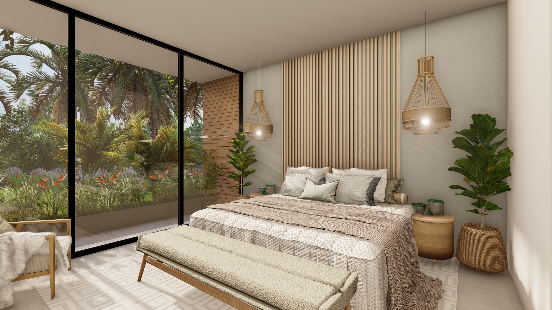 Farhia Gardens — bedroom with wood feature door and garden views