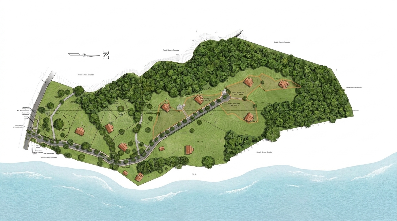 Pochote — rendered site plan of the property above the beach, with the internal road and forest reserve