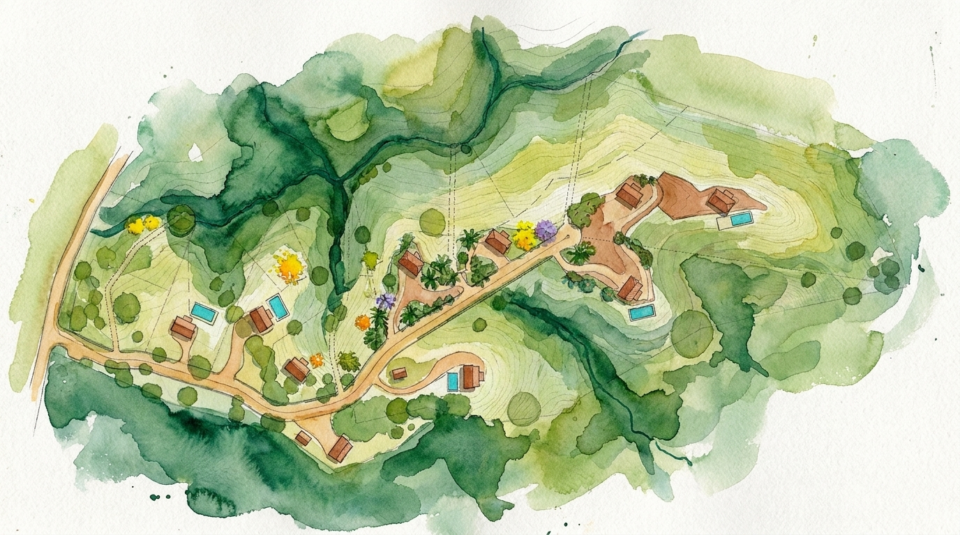 Pochote — detailed watercolor master plan of the homes, pools and landscaped ridge, Santa Teresa