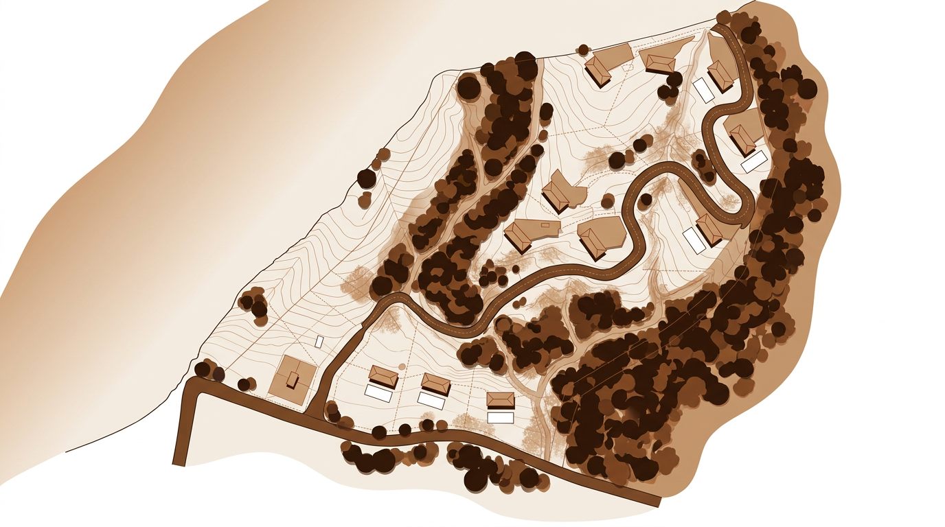 Río Mar — terrain study showing contours, tree cover and building footprints along the access road