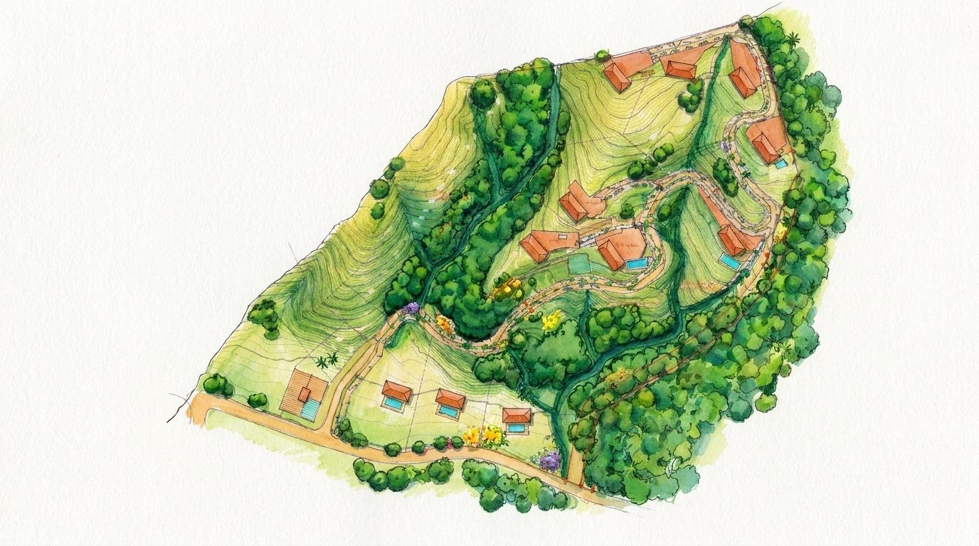 Río Mar — master plan illustration of the homes stepping up the slope beside the greenbelt